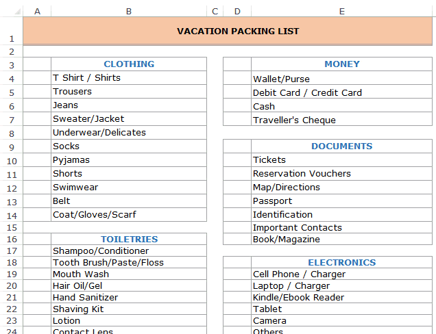 Vacation Itinerary Packing List Template In Excel