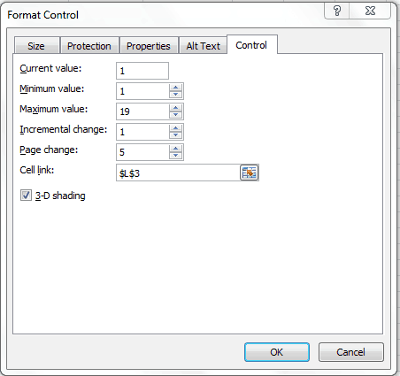 Scroll Bar in Excel- format control dialogue box settings