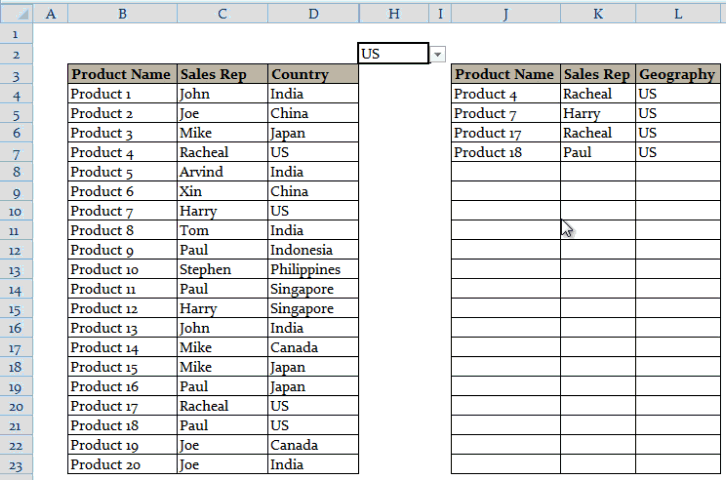 Extract Data from Drop down List Selection in Excel