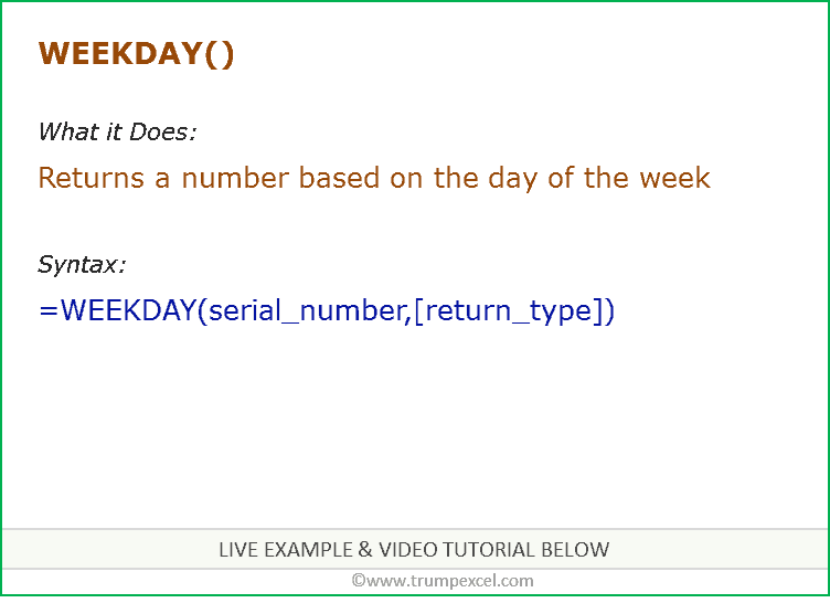 Excel WEEKDAY Function Formula Examples FREE Video Excel WEEKDAY Function Formula Examples FREE Video