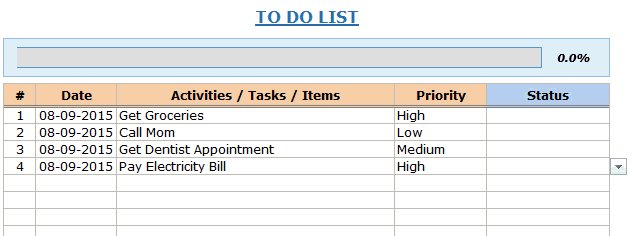 Free Excel Template - To Do List Drop-Down