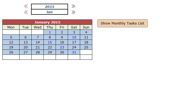 calendar excel 2015