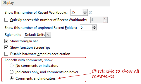 Excel Options - Show all comments