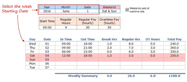 weekly timesheet template excel free download - Select starting date