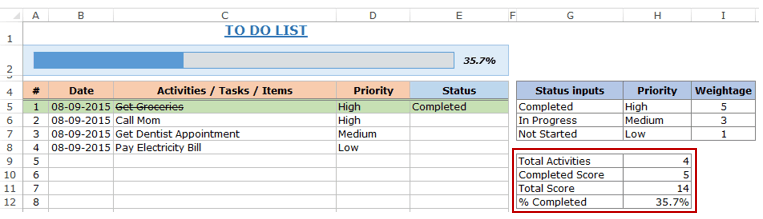 Excel To Do List Template completion calculation