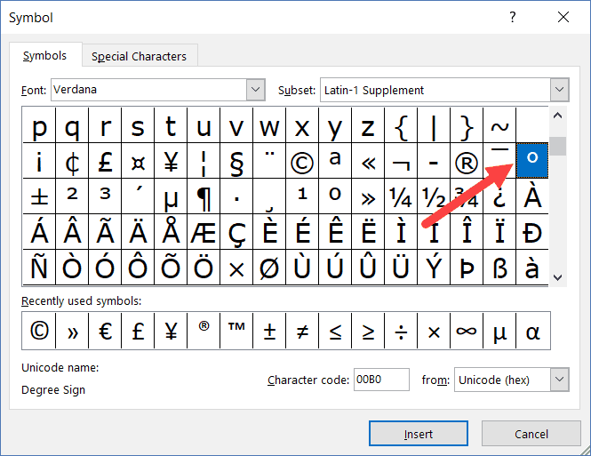 inserting degree symbol in word