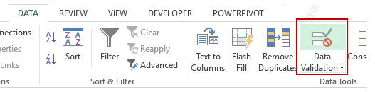 An image of Data Validation option in the ribbon