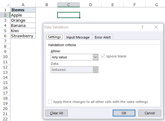 Selecting the range for which a drop down menu is to be created