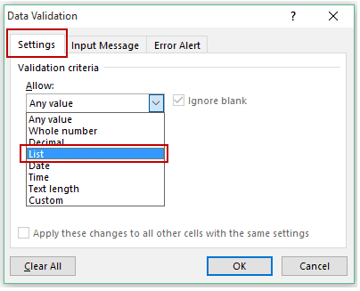 Data Validation settings for creating drop down list in Excel