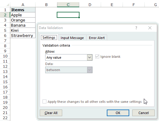 Using OFFSET function to create the Excel drop down list