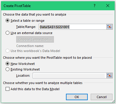 Creating a Pivot Table in Excel - Insert Pivot Dialog