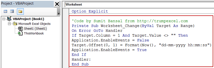 Insert Date and Timestamp in Excel worksheet change code2