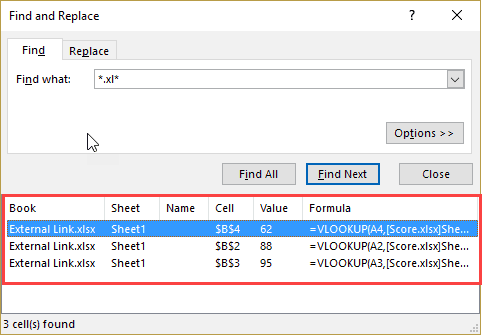 Find Externals Links and References in Excel - find result