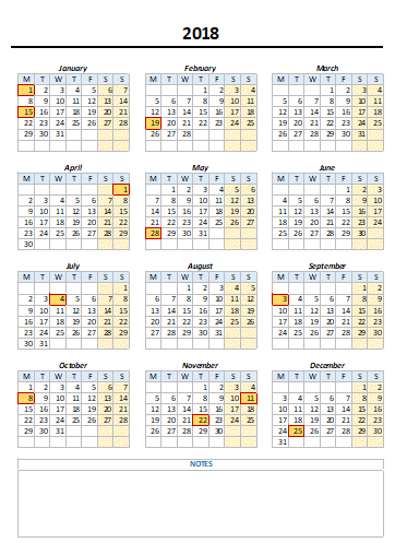 Yearly Excel Calendar 2017 & 2018 with Notes