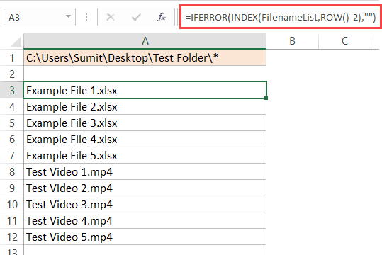 Getting the File Names from a folder using the FILES function Excel