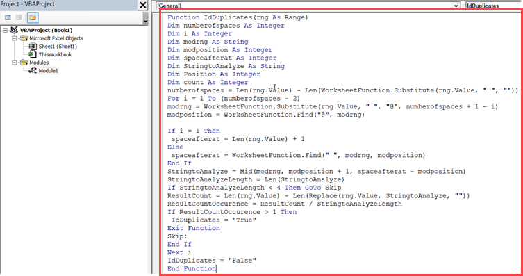 VBA Code in the backend - to identify duplicate text strings