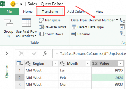 Data Type in the Transform tab Data Type in the Transform tab