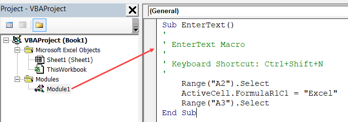 Macro Code in the Module for EnterText