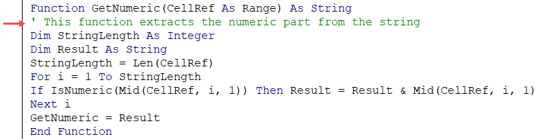 Comment in the User Defined Function in Excel VBA