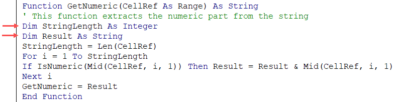 Declaring Variables in the UDF custom function in VBA