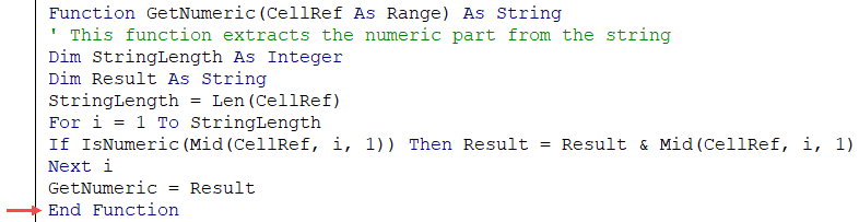 End Function as the last line of VBA code