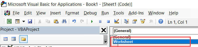 Excel VBA Events - Selecting Worksheet Object from the drop down