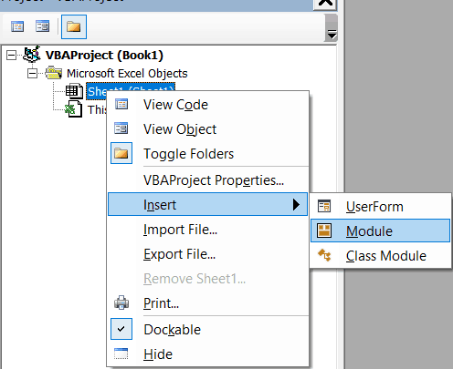 Insert a new module in VB Editor Excel