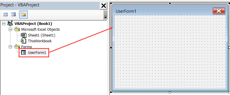 Userform inserted in Excel in the VB Editor