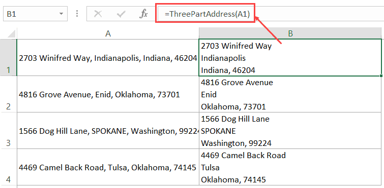 Split Function in VBA- address in separate lines formula