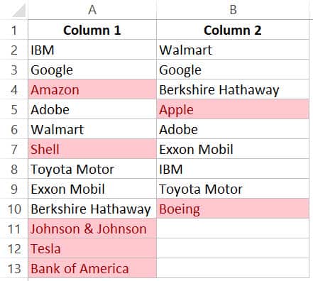 excel difference between two columns