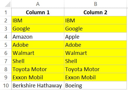 Compare two columns and highlight matching rows