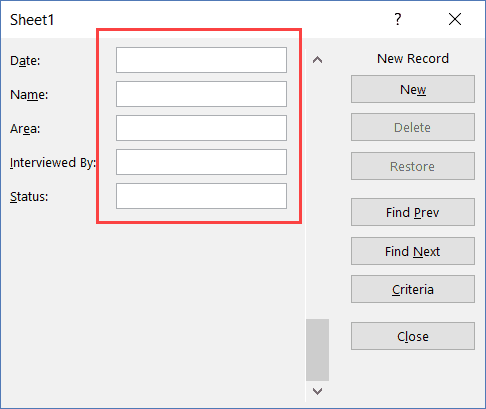 Excel Data Entry Form dialog box