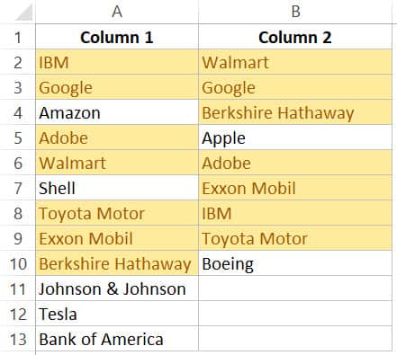 Highlighted matching data when comparing lists in Excel