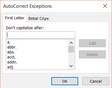 Autocorrect Exceptions dialog box