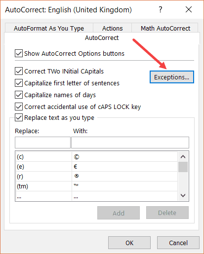 Autocorrect Exceptions