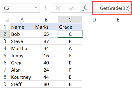 Select Case Statement in Excel VBA - Get Grade Custom Function