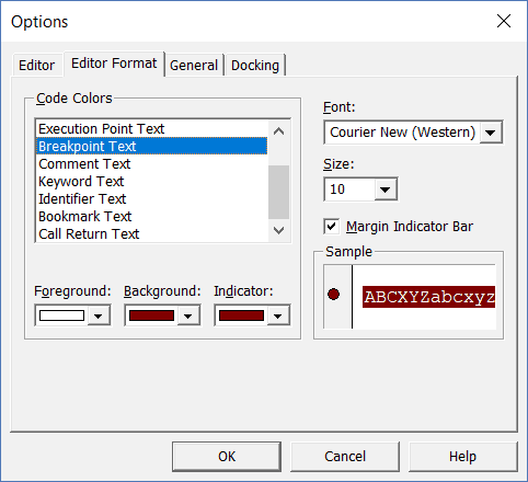 Editor Format Options in VB Editor