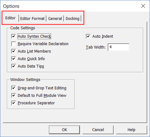 Options to customize the Vb Editor