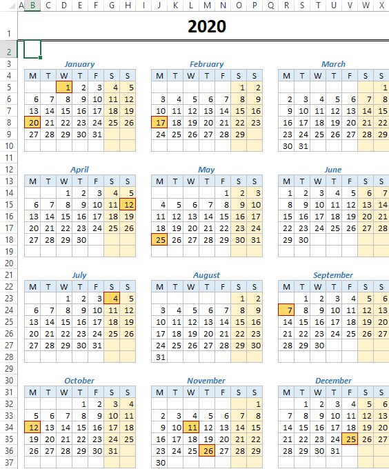 Yearly Excel Calendar Template 2019 & 2020 with Notes