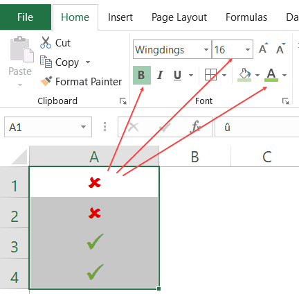 How to quickly insert tick and cross marks into cells?