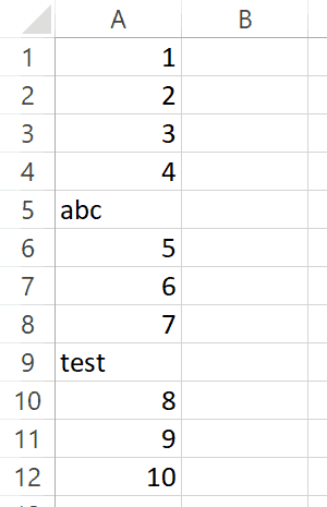 Data for Square root in Excel - 10 cells