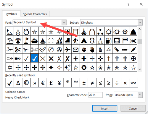 Select Segoe Symbol in symbol dialog box