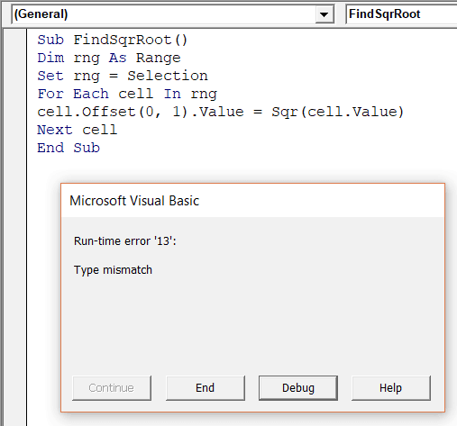 Type Mismatch Error when finding square root