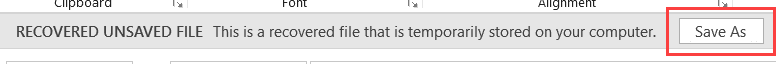 Recover Unsaved Excel Files - prompt to save as