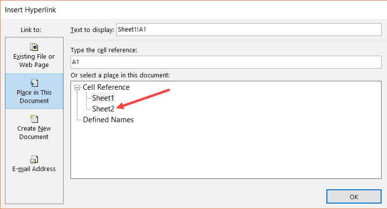 Select the sheet to which you want to link