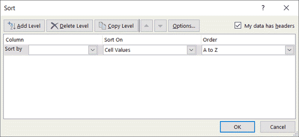 Sort in Excel - Dialog box