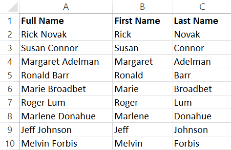 Resulting Data where names have been separated