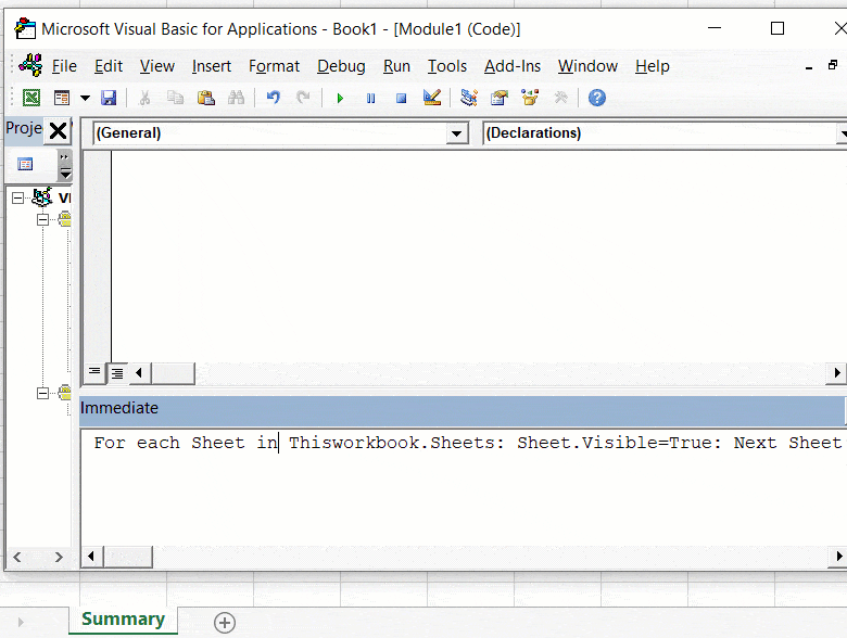 Unhide all sheets from immediate window by using a loop