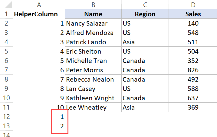 Enter 1 and 2 in first cells below the dataset records