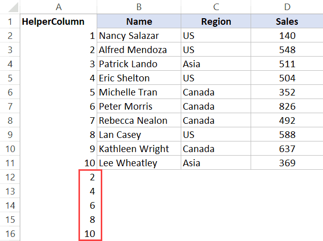 Enter a series of numbers in the helper column